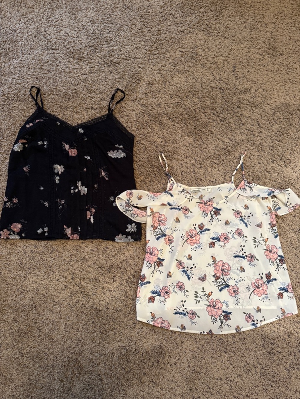 Black Floral Lace Trim Cami & White Pink Floral Cold-Shoulder Cami Set